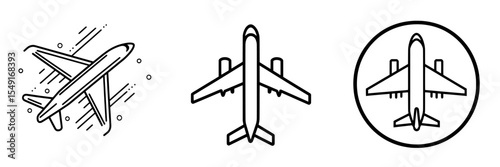 A modern icon representing a linear plane is depicted, along with a black line icon of an airplane