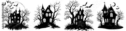 A spooky silhouette haunted the Halloween house surrounded by eerie trees