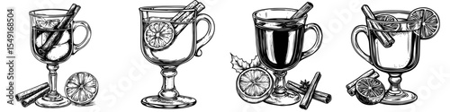 A modern doodle-style illustration features a glass of mulled wine accompanied by citrus fruits and a cinnamon stick