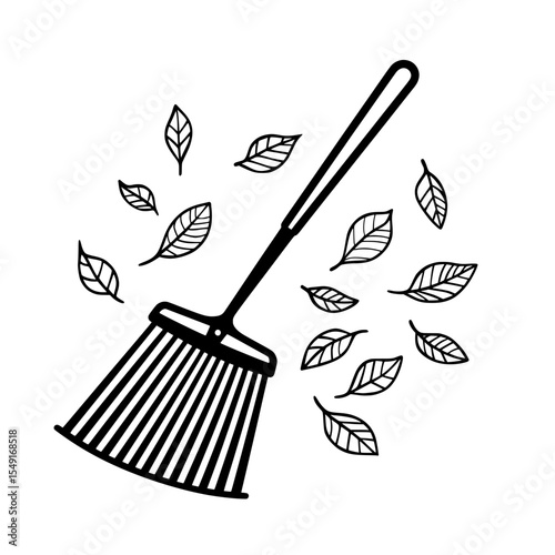 A modern icon of a leaf rake on a white background signifies autumn cleaning