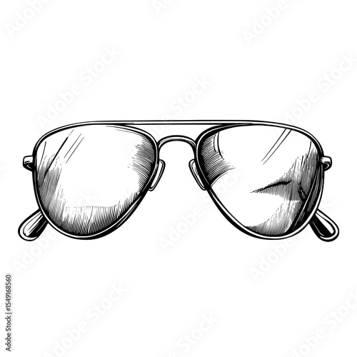 The classic aviator glasses are an accessory that protects eyes, ensuring both health and vision are safeguarded, visually represented in a minimalist black and white cartoon aesthetic isolated on