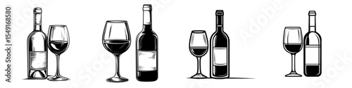 Icon of a wine bottle and glass, featuring a simple design in black and white