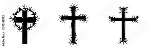 A black silhouette icon represents a Christian cross adorned with a crown of thorns