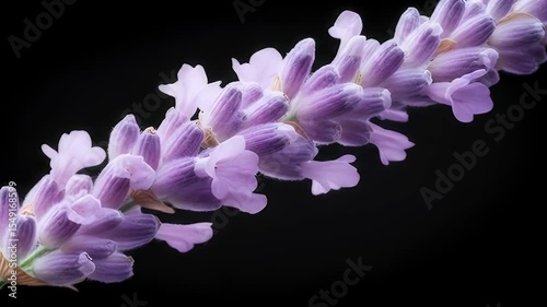 Detailed Macro of Lavender Flower with Purple Petals and Stems on a Black Background
