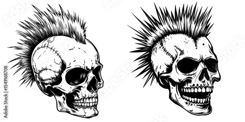 Punk-inspired icon featuring a skull with mohawk, illustrated in modern black and white