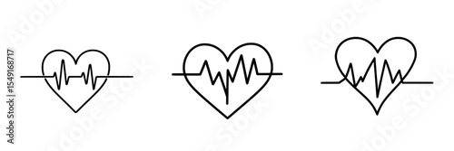 The symbol of a red heartbeat line icon is commonly used to represent pulse traces in ECG or EKG cardio graphs for health and medical cardiology analysis, including cardiograms and stroke heart