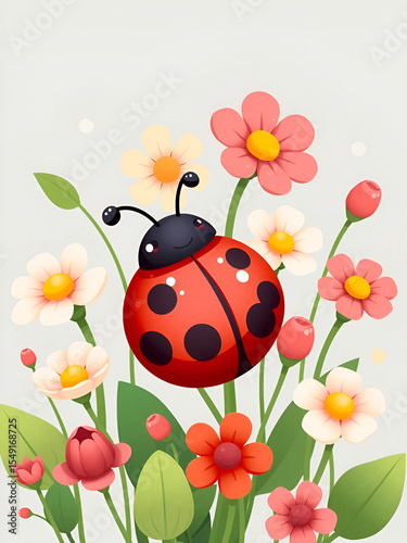 Cute cartoon ladybug collection with flowers and leaves, red beetle with dots. Funny love bugs, flower buds and foliage pack bundle for spring collections.
