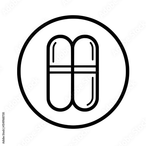A modern infographic pictogram, black single round steroids free line icon, represents a simple antibiotic ingredient with no contain mark, for use in app logo or web button ui ux interface on white