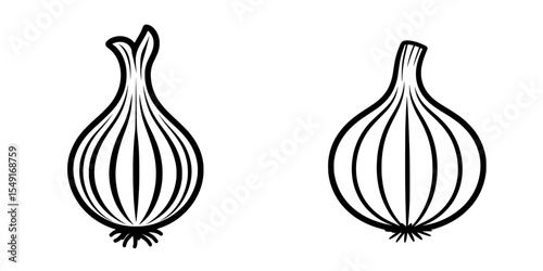The onion icon is represented in a modern black style, with an outline silhouette and is part of an icon set that also includes shallot, in a modern line style, symbolizing the vegetable, available