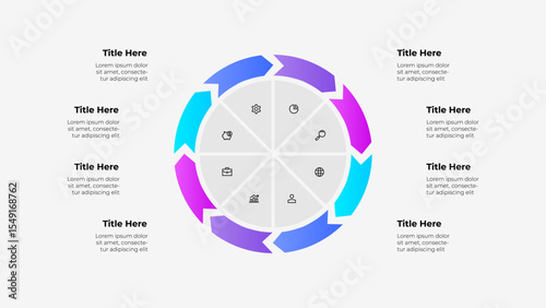 A vibrant infographic with a circular design divided into 8 parts, accompanied by colorful arrows and relevant symbols, perfect for business, strategy, or planning presentations