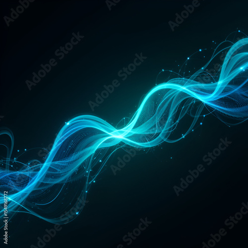 Vector abstract light lines wavy flowing dynamic in blue green colors isolated on black background for concept of AI technology, digital, communication, 5G, science, music