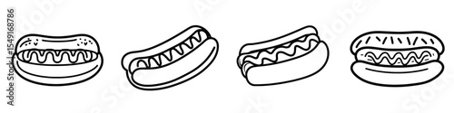 Icon of a hotdog in outline form, featuring a cute and simple sausage hotdog design with a line art aesthetic