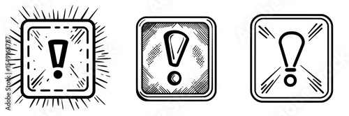Modern illustration of a square hazard caution sign, an exclamation mark sign, and an attention danger sign