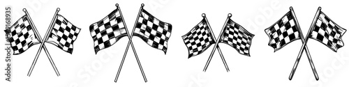 Two black and white checkered flags intersected, symbolizing the start or finish of racing competitions, including formula 1 events