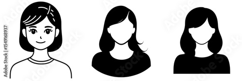 The icon of a female user's avatar is designed in a fill style and features a silhouette profile that symbolizes an anonymous person, which can be utilized in various design applications on a
