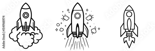 Modern illustration of a rocket ship outline icon with editable stroke, presented in isolation
