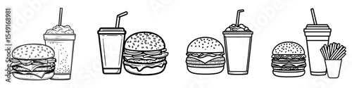 Fast Food Unhealthy Diet Icon’ represents a modern linear illustration of burger and soda that signifies poor dietary choices and health risks as an isolated outline sign