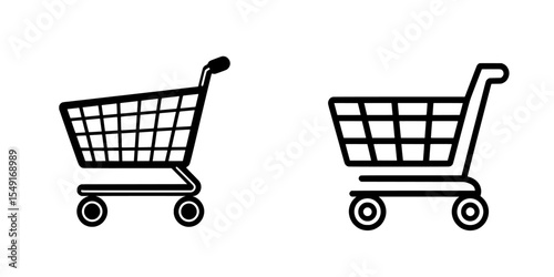 A simple black icon with the image of a shopping cart is set against a white background