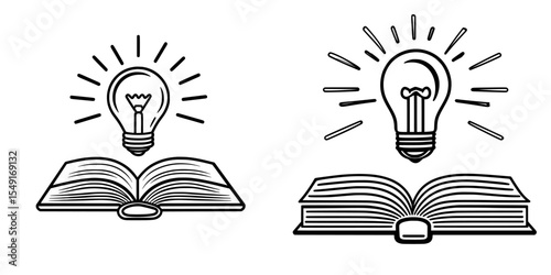 Linear style icon of an open book featuring a light bulb above it, with adjustable stroke width for editing purposes