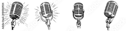 A contemporary microphone designed for capturing voice, music, and sound, suitable for radio recording, is depicted in a modern outline illustration, showcasing equipment for various genres including