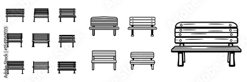 Bench icon collection features simple illustrations of modern park benches and wooden park chairs, including bench icons and wooden bench icons