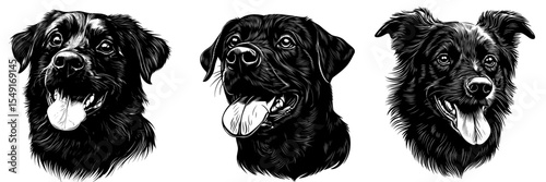 The image features a modern black dog with its tongue exposed in a portrait of its face