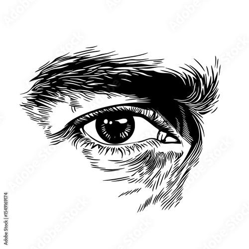 A modern black logo on a transparent background is depicted in the form of a man's eyes using linocut