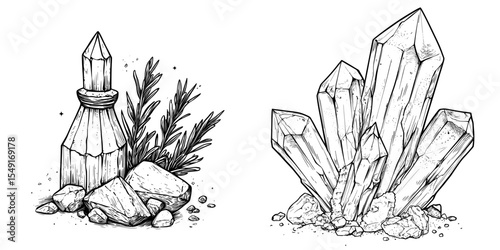The combination of an organic resin sketch and a crystallized resin modern icon is complemented by illustrations of perfumery, cosmetics, apothecary, and witchcraft ingredients