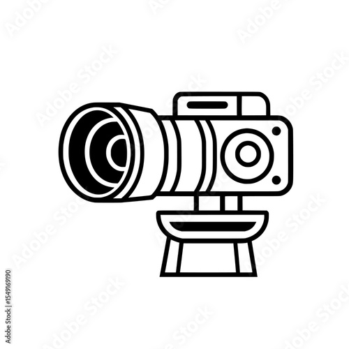 A simple yet modern icon of a video camera, representing the realms of media, recording, and film, features a clean black and white design with the added benefit of an editable stroke