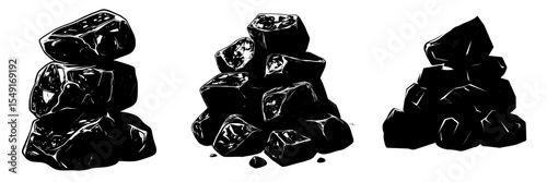 A stone icon and modern icon are exemplified by coal black rocks, stone pyramids, and other symbols such as rock and stone icons, along with piles of stones and graphite coal