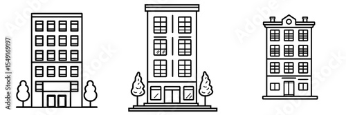 Editable modern illustration featuring a building address outline icon, with a transparent graphic element isolated on white