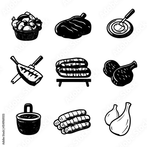 BBQ meat is represented by an icon set that includes a sign for grilled turkey, a symbol for beef steak, a color illustration from a butcher, and a pictogram of roasted pork ribs