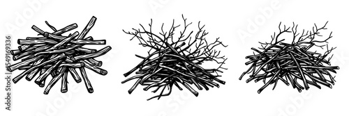 The icon of a branches pile is isolated, showing a heap of dry twigs, black sticks, and boughs ready to be used for a campfire