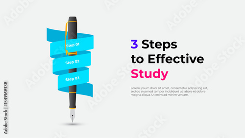Conceptual illustration showcasing a pen wrapped with three ribbons, representing three effective study steps. Ideal for educational, tutorial, and productivity projects and presentations