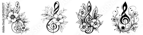 A great musical test featuring a treble clef with floral elements, editable lines, and modern art suitable for branding