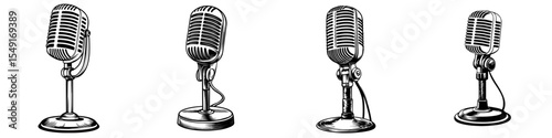 A vintage-style microphone icon, depicted in black and white, sits on a stand against a white background