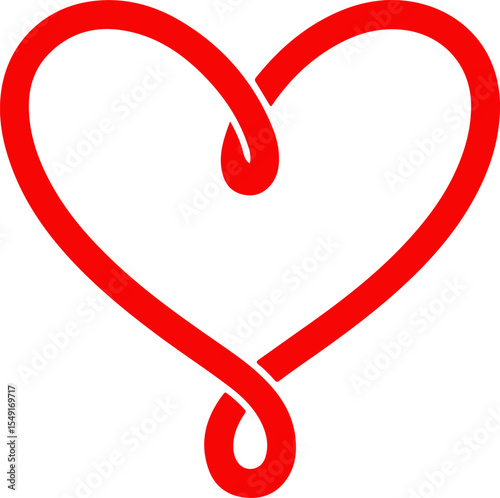 Flat Style Bright Red Continuous-Line Heart Outline with Teardrop Knot Loop on White Background