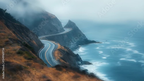 Scenic Coastal Road Winding Along Cliffs Overlooking the Blue Ocean with Foggy Weather