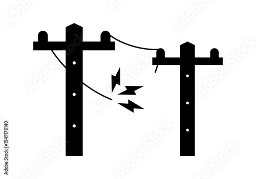 Black broken electric wire of high power voltage pole is damaged and short circuit spark cause danger electrocution risk icon flat vector design