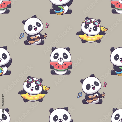 seamless pattern with panda is a bear species endemic to China, bamboo shooots, dancing panda, black and white vector art illustration design