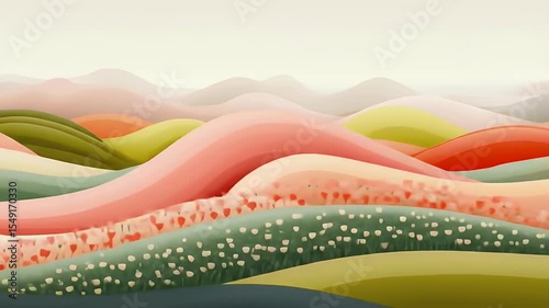 Abstract Hilly Landscape with Pastel Colors and Pixelated Style and Mountain Backdrop