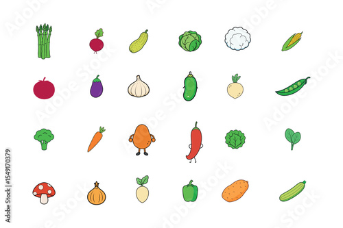 Vector art of colorful vegetable icons isolated on white background