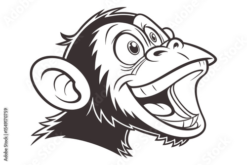 Cartoon chimpanzee head smiles widely revealing teeth in a monochrome close up outline