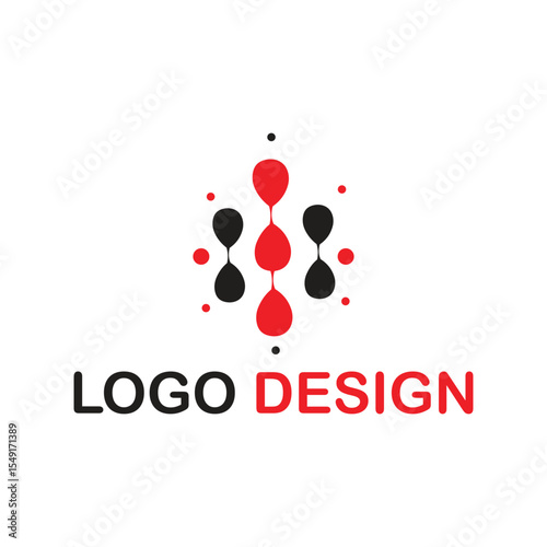 Red and black hourglass logo design with dots