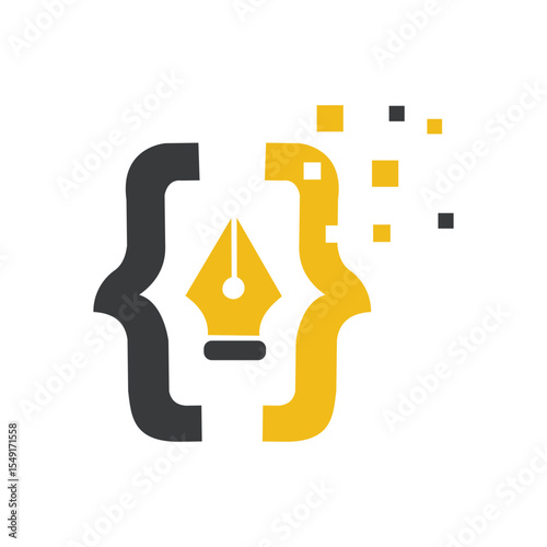 Code brackets with pen nib and pixel squares logo design