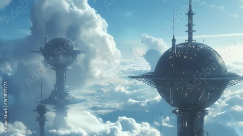 Aerial View of Spherical Futuristic Structures Amidst White Clouds and Blue Sky