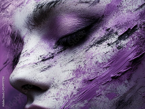 Closeup Artistic Female Face with Purple Paint Texture and Closed Eyes