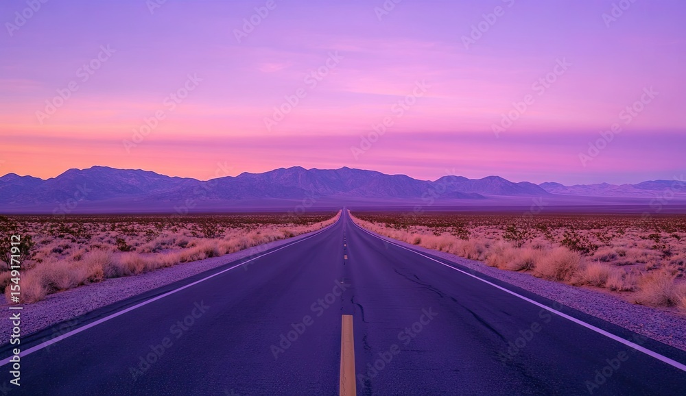 Fototapeta premium Empty road stretching into a vibrant, purple-pink sunrise over a desert landscape