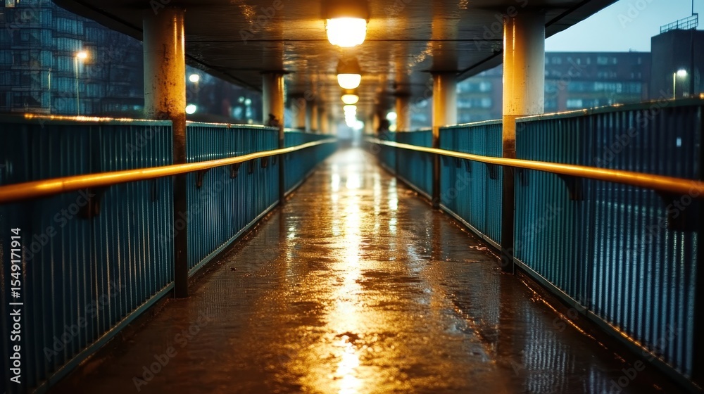 Fototapeta premium A moody walkway illuminated by glowing lights on a rain-soaked evening, evoking feelings of nostalgia and loneliness, capturing the beauty of urban life in atmospheric conditions.
