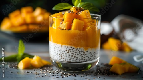 A mango and coconut chia pudding served in a glass, with layers of creamy coconut chia pudding and diced mango creating a delicious and nutritious dessert option